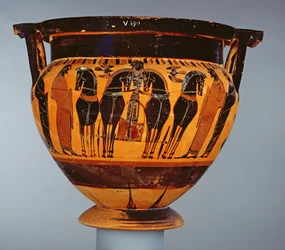 Attische schwarzfigurige Säulenkalathos mit einem Viergespann, vom Maler des Louvre F6, aus Gela, ca. 575-550 v. Chr.